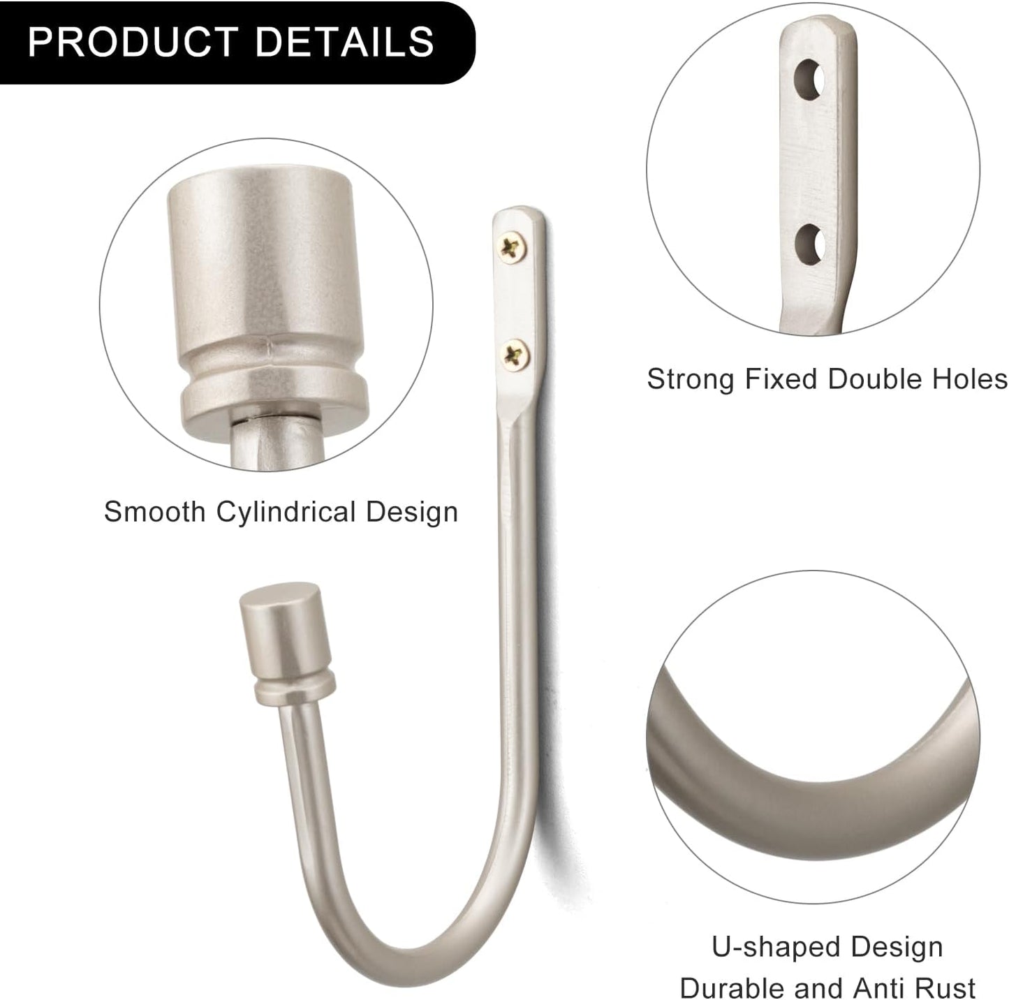 2 Pack Curtain Holdbacks - Silver, Decorative Drapery Wall Hooks with Hardware, Curtain Pull Back Hooks, Metal Curtain Tiebacks Wall Mounted, Window Side Holders for Drapes, Curtain Accessories