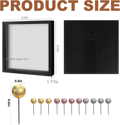Ninsula 8x8 Shadow Box, Shadow Box Frame with Soft Linen Back - Push 12PCS Pins Included, 3D Picture Display Cases Box for Flowers, Tickets, Souvenirs, Photographs, Handicrafts (Black)