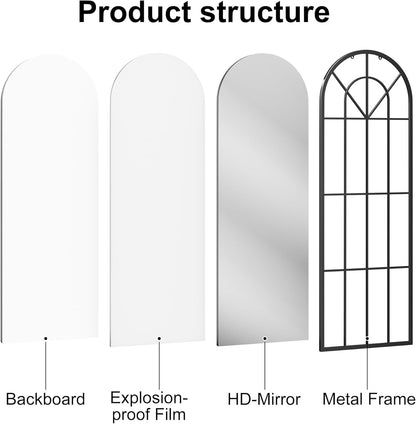 Dewfig 65"x 22" Arched Window pane Full Length Mirror, Wall Mirror, Floor Standing Mirrors, Farmhouse Long Full Body Mirrors Wall Mounted for Living Room, Bedroom, Entryway, Fireplace, Black