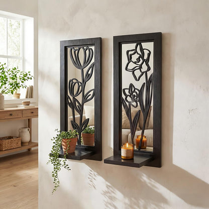 Wood Wall Sconce Candle Holder Set 2, Rustic Wall-Mount Candle Holders, Farmhouse Hanging Wall Décor, Carved Wood Frame, Mirrored Candle Holder (Distressed White)