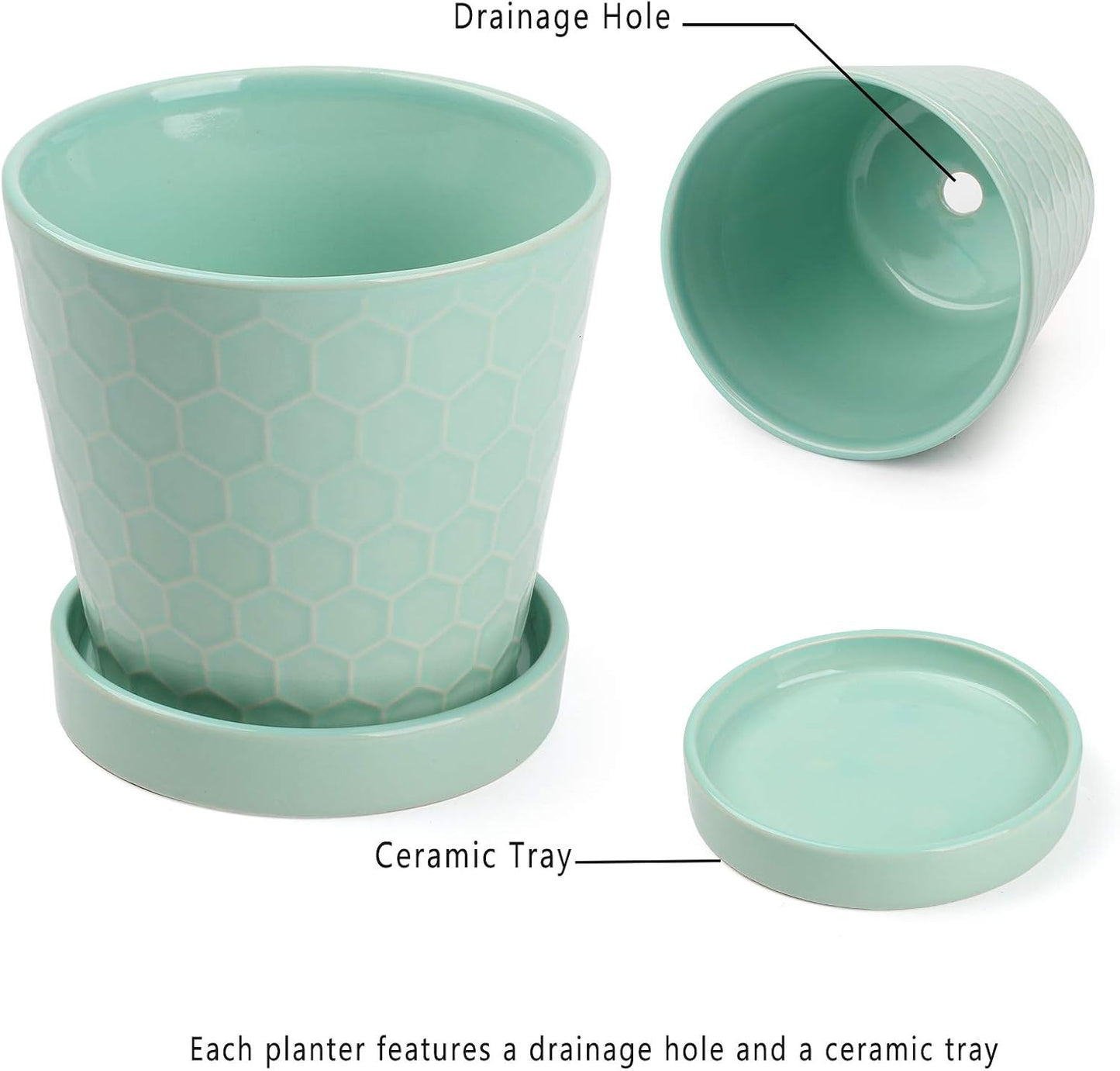 BUYMAX Plant Pots Indoor –5 inch Ceramic Flower Pot with Drainage Hole and Ceramic Tray - Gardening Home Desktop Office Windowsill Decoration Gift, Set of 4-Plants NOT Included (Patina)