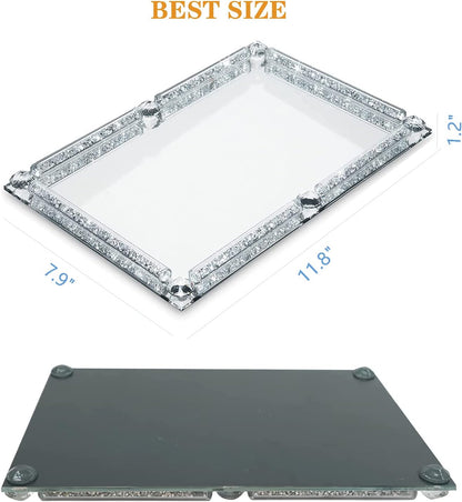 Crystal Glass Tray, Modern Mirror Jewelry Dresser Trinket Trays with Crushed Diamond, 11.8" x 7.9"Rectangular Makeup Perfume Tray for Bathroom Bedroom, Home Decor, Hotel Banquet, Party(Silver)