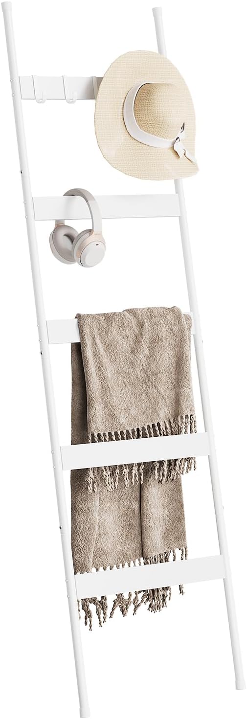 ELYKEN Blanket Ladder for Living Room, Farmhouse 5-Tier Quilt Holder with 4 Removable Hooks for Bathroom, Wood Towel Rack Display, Wall Anchor Leaning Decorative Stand for Home, Rustic Brown