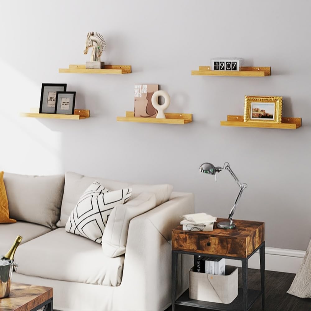 RICHER HOUSE 5 Set Floating Wall Mounted Shelves, Black Shelves for Wall Decor, Modern Picture Ledge Shelf with Lip for Storage, Nursery, Bedroom, Living Room, Bathroom - Black