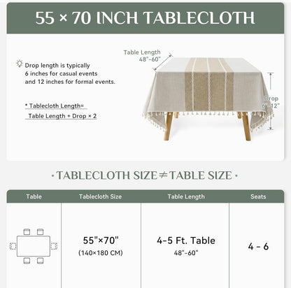 Softalker Outdoor Tablecloth Rectangle, Waterproof Linen Cotton Farmhouse Table Cloths with Tassel, Heavy Weight Wrinkle Free Boho Table Cover for Picnic Camping Dining - 55 x 70 Inch, Coffee Lines