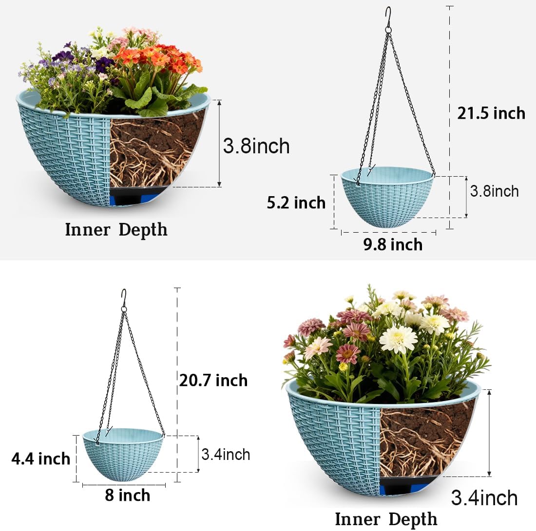 RooTrimmer Hanging Planters for Indoor Outdoor Plants 8 and 10 Inch, 4 Packs Hanging Flower Pot with Drainage Holes, Self-Watering Hanging Basket Perfect for Home, Office and Garden, White