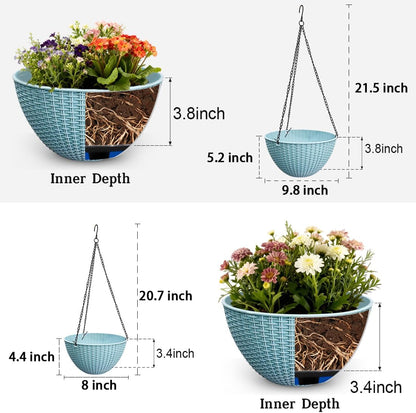RooTrimmer Hanging Planters for Indoor Outdoor Plants 8 and 10 Inch, 4 Packs Hanging Flower Pot with Drainage Holes, Self-Watering Hanging Basket Perfect for Home, Office and Garden, White