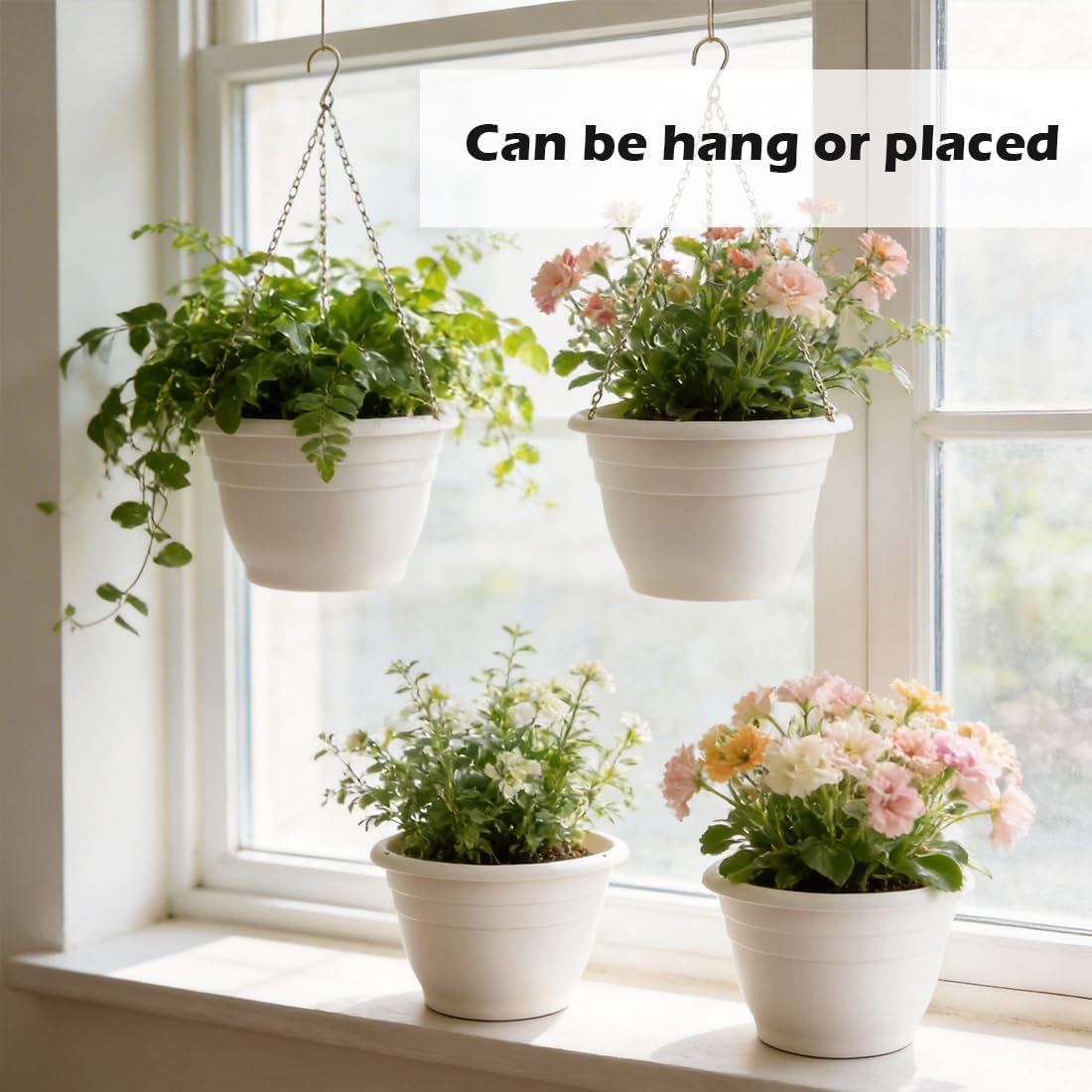 RooTrimmer Hanging Planters for Indoor Outdoor Plants 8 and 10 Inch, 4 Packs Hanging Flower Pot with Drainage Holes, Self-Watering Hanging Basket Perfect for Home, Office and Garden, White