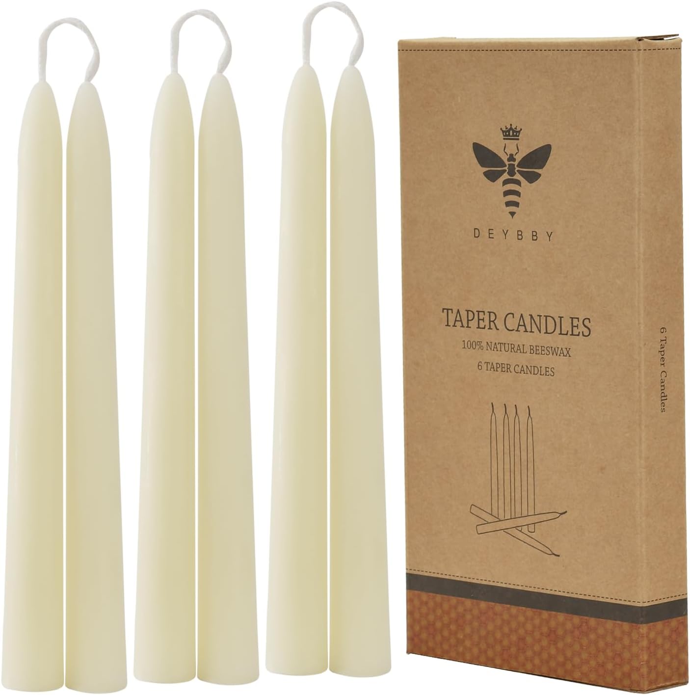 8'' Natural Ivory White Beeswax Taper Candles Set of 6, DEYBBY Smokeless and Dripless Beeswax Candles, Long Lasting Burning