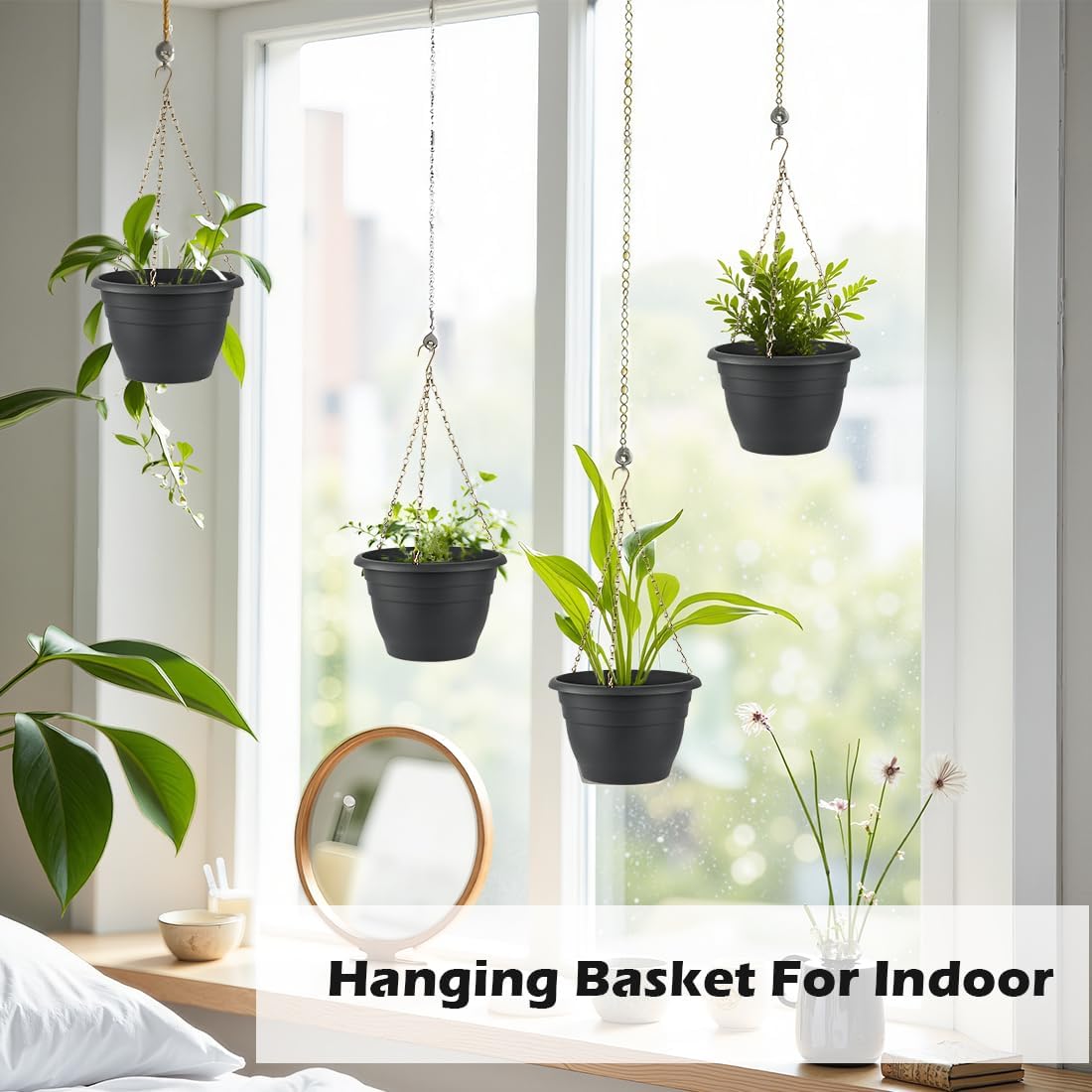 RooTrimmer Hanging Planters for Indoor Outdoor Plants 8 and 10 Inch, 4 Packs Hanging Flower Pot with Drainage Holes, Self-Watering Hanging Basket Perfect for Home, Office and Garden, White