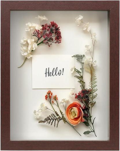 FrameWorks 11” x 14” Dark Oak Wooden Shadow Box Frame – Display Case with Soft Felt Back, Memory Box with Tempered Glass, Display Box with Elegant White Ball Push Pins, Wooden Flower Box