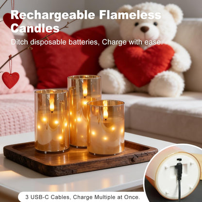 Rechargeable Flameless Glass Pillar Candles–Gifts for Women,–Set of 3, Realistic Flickering LED Light,Remote & Timer, Ideal for Living Room, Bedroom & Festival Wedding Home Party Decor