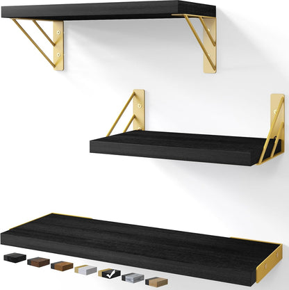 BAYKA Wall Mounted Floating Shelves, Wood Floating Wall Shelf for Books & Decor, Small Space-Saving Display & Organizer（Black，Set of 3）