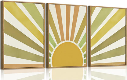 Bwodke Boho Wall Art, Framed Abstract Wall Art, Green Botanical Neutral Canvas Wall Decor, Large Mid Century Plant Pictures Set of 3, Modern Minimalist Paintings, for Bedroom Living Room Bathroom