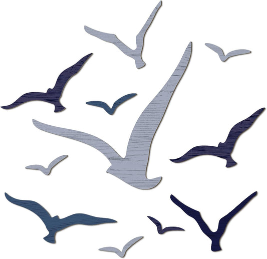 Wesiti 11 Pcs Wooden Seagull Wall Decor Nautical Theme Beach Coastal Art Small Seagull Sea Birds Wall Decor Ocean Adhesive Sculpture Vintage Ornaments for Home Bathroom(Brown Blue White)