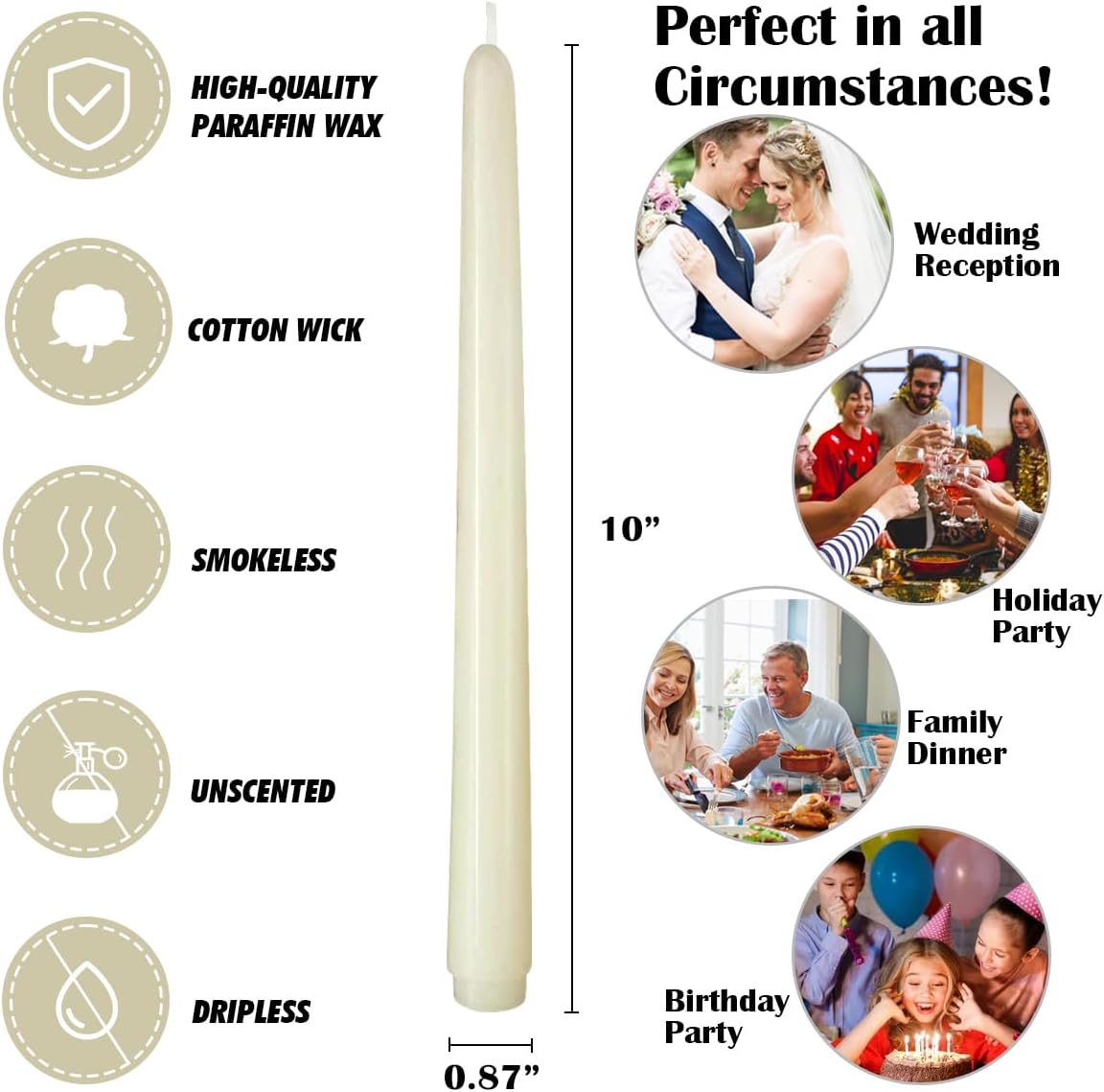 12-Pack Olive Green Taper Candles, 10 Inch Unscented Dripless Candlesticks, Long-Lasting Burn Time of 7-8 Hours, Perfect for Christmas Home Décor Spring and St. Patrick's Day