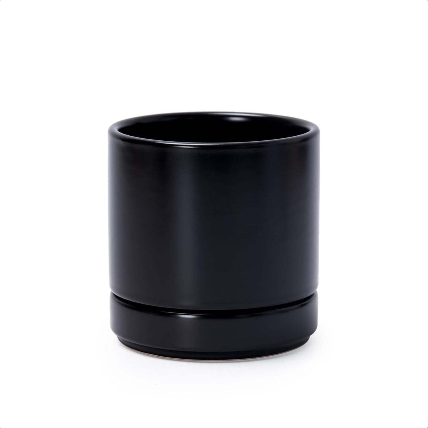 D'vine Dev 6.5 Inch Ceramic Planter Pot with Drainage Hole and Saucer, Indoor Cylinder Round Planter Pot, Olive, 94-O-C-J