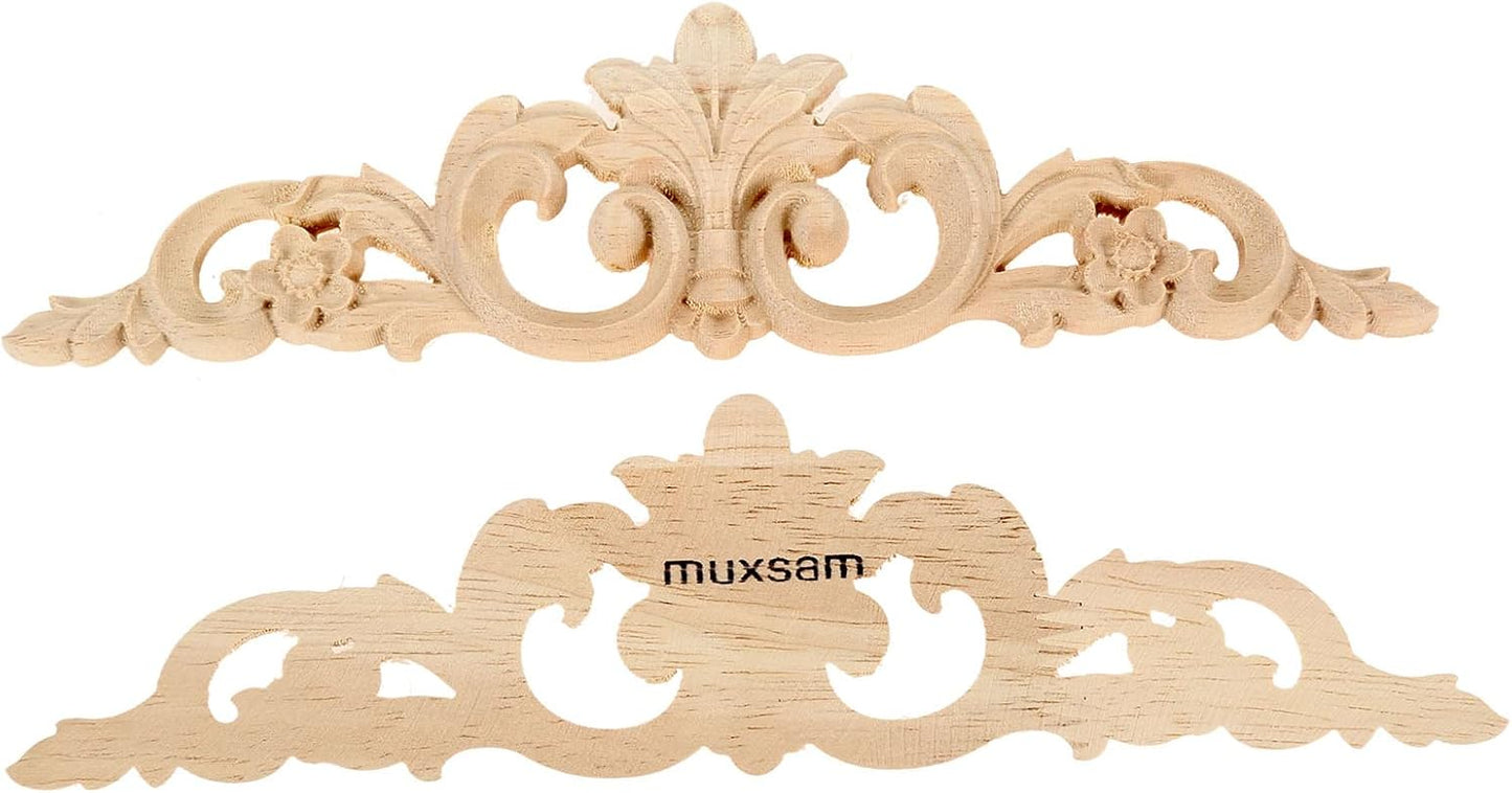 MUXSAM Carved Wood Appliques Onlays, Long Wooden Decals Trim Molding Rosette Inlays for Door Wall Mantel Cabinet Door Dresser Closet Mirror Decoration Furniture Transfer(1-Pack, 20x5cm/7.9" x2)