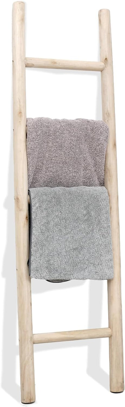 FUIN 57in Wood Blanket Ladder Living Room Decorative Wall Leaning Farmhouse Quilt Display Holder Rustic Wooden Towel Rack for Bathroom, Brown