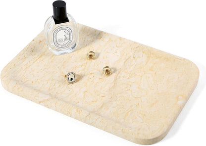 Koville Romano Travertine Tray, 12"x8" Natural Stone Vanity Tray for Countertop Bathroom Kitchen Dresser, Decorative Marble Catchall Trays for Perfume Jewelry, Rectangular Serving Tray(Beige)