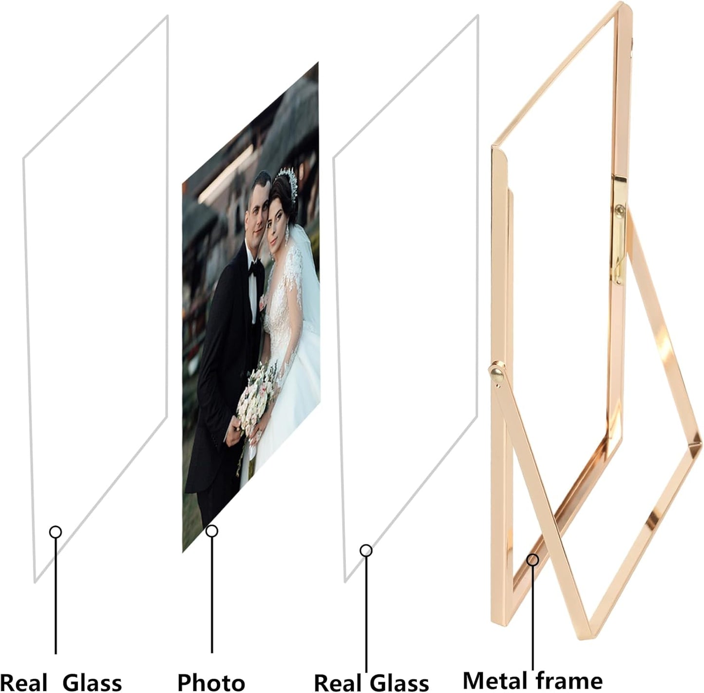 Gold 6x8'' Floating Photo Frame 2 Pack, Beaded Metal Frame Fits 3.5x5'', 4x6'' & 5x7'' Pictures, Adjustable Tabletop & Shelf Display, Elegant Wedding Gift for Home Decor