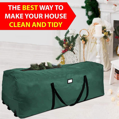 ProPik Rolling Christmas Tree Storage Bag, Fits Up to 9 Ft Tall Disassembled Trees, 28" H X 16.5" W X 60" L, Extra Large Heavy Duty Xmas Storage Container with Wheels & Handles, 600D Oxford (Green)