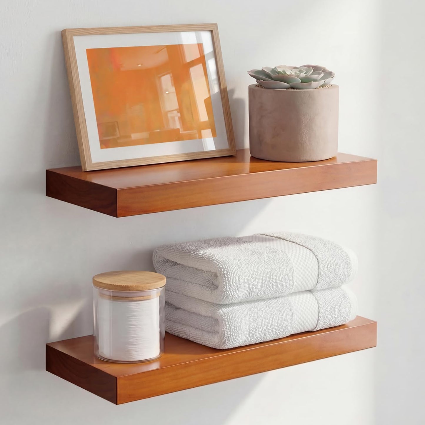 Homeforia 24 inch Natural Floating Shelf, High End Solid Real Wood 24inch Small Floating Shelves for Wall Mounted, Natural Wooden Floating Shelves, Heavy Duty Bracket, 24 X 6.5 X 1.75 in, Set of 2