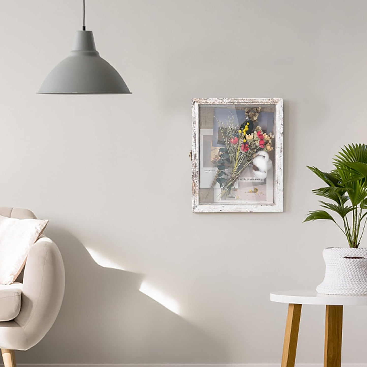 GraduationMall 13x16 Wood Shadow Box Frame Glass Door Display Case with Linen Back and 6 Stick Pins,1.5 inches Interior Depth,Ideal for Memorabilia Pictures Flowers Medals Tickets Rustic White