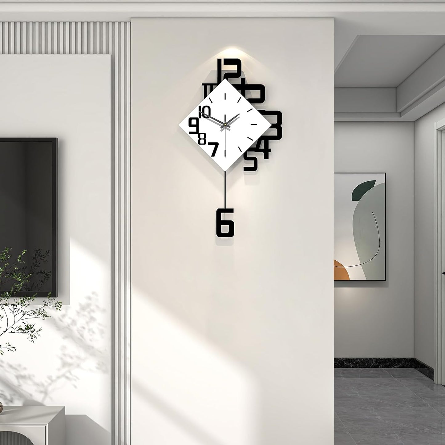 Decorative Wall Clock for Living Room Decor Large Modern Wall Clocks with Pendulum Battery Operated for Bedroom Office Kitchen Home Small Black Silent Wall Clock Non Ticking 11.8*22.4 Inch