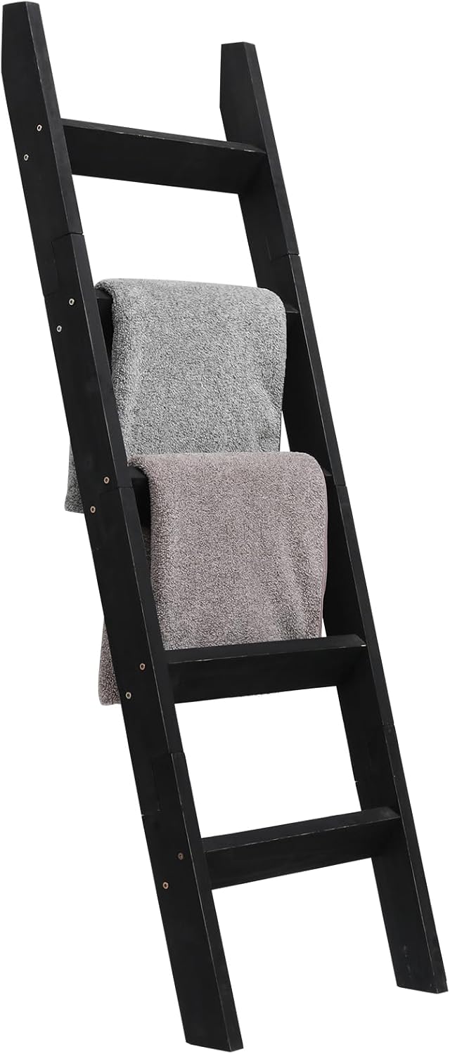 FUIN 5ft (58") Wood Blanket Ladder Living Room Decorative Wall Leaning Farmhouse Quilt Display Holder Storage Rustic Wooden Towel Rack for Bathroom, Brown