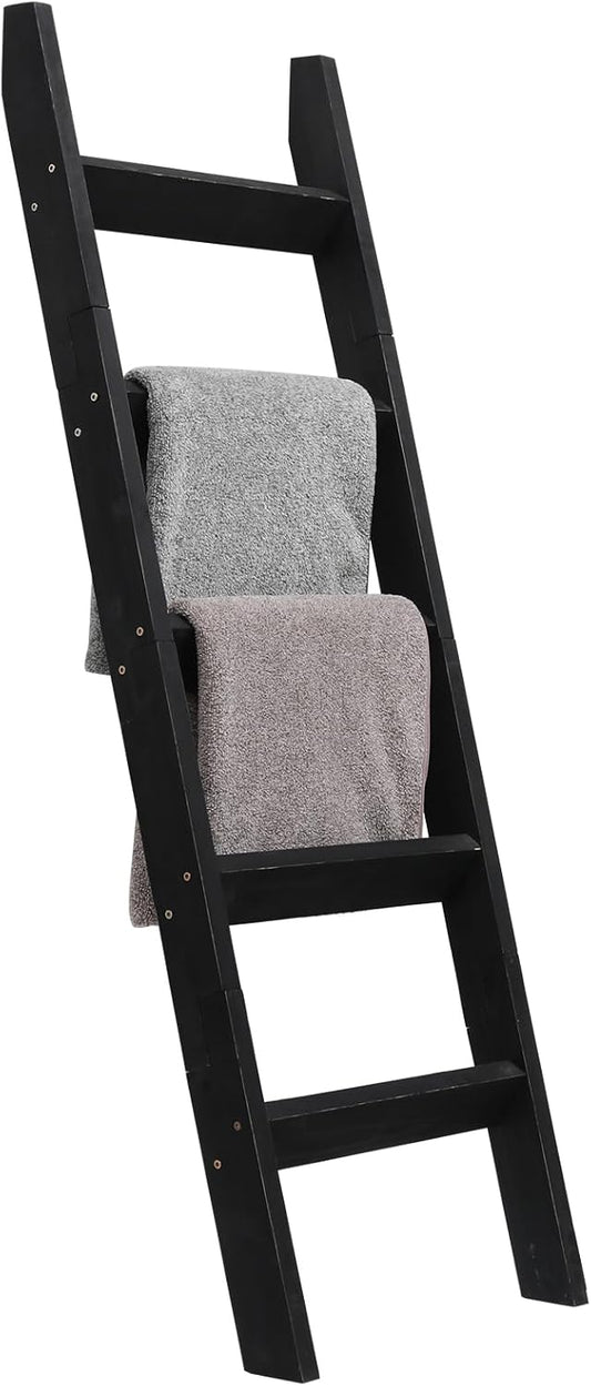 FUIN 5ft (58") Wood Blanket Ladder Living Room Decorative Wall Leaning Farmhouse Quilt Display Holder Storage Rustic Wooden Towel Rack for Bathroom, Brown