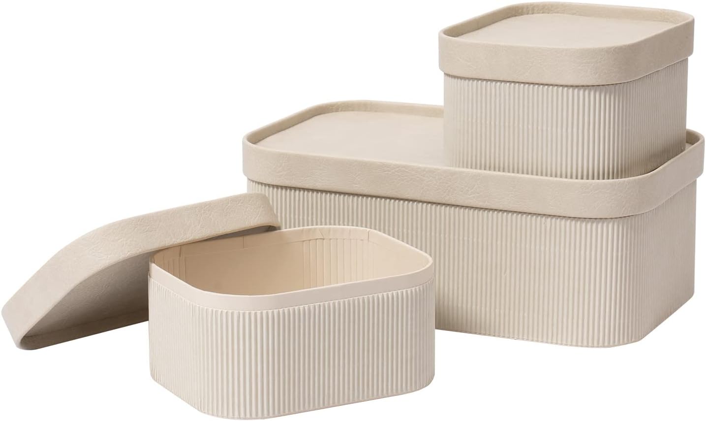 LA JOLIE MUSE Fluted Cardboard Storage Baskets with Leather-Like Lids, Sturdy Stackable Paper Boxes Decorative Tray, Chocolate Brown, Set of 3