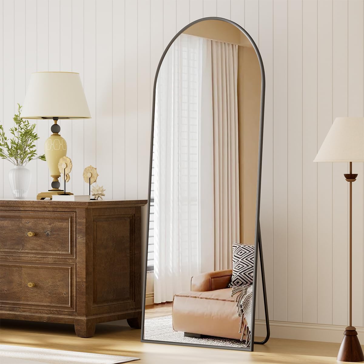 XRAMFY 56"x21" Arched Full Length Mirror Floor Mirrors with Aluminum Alloy Frame Free-Standing Wall Mounted Floor Mirrors or Large Dressing Mirror, Black Mirror Full Length