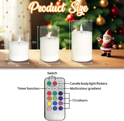 Rechargeable Flameless Glass Pillar Candles–Gifts for Women,–Set of 3, Realistic Flickering LED Light,Remote & Timer, Ideal for Living Room, Bedroom & Festival Wedding Home Party Decor