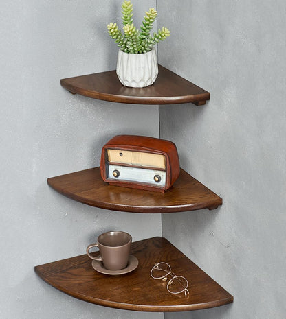 Corner Shelves, Floating Corner Shelf, Set of 2 7inch Solid Oak Wood Wall Shelves, Round End Wall Mount with Wire Hole Shelving for Small Plant for Bedroom Kitchen, Living Room