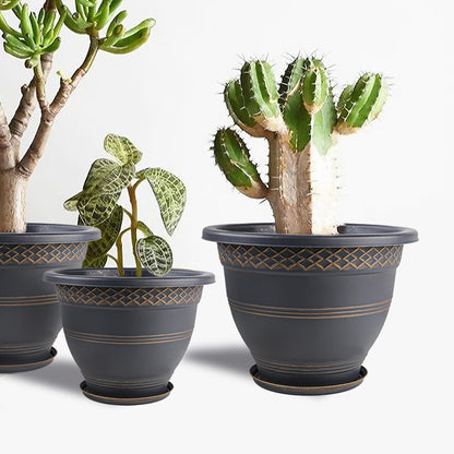 Usocik 10 Inch 4 Pack Plant Pots, Plastic Flower Pot for Indoor & Outdoor with Drainage Holes & Saucer, Plaid Pattern Planters Garden Pots for Herbs