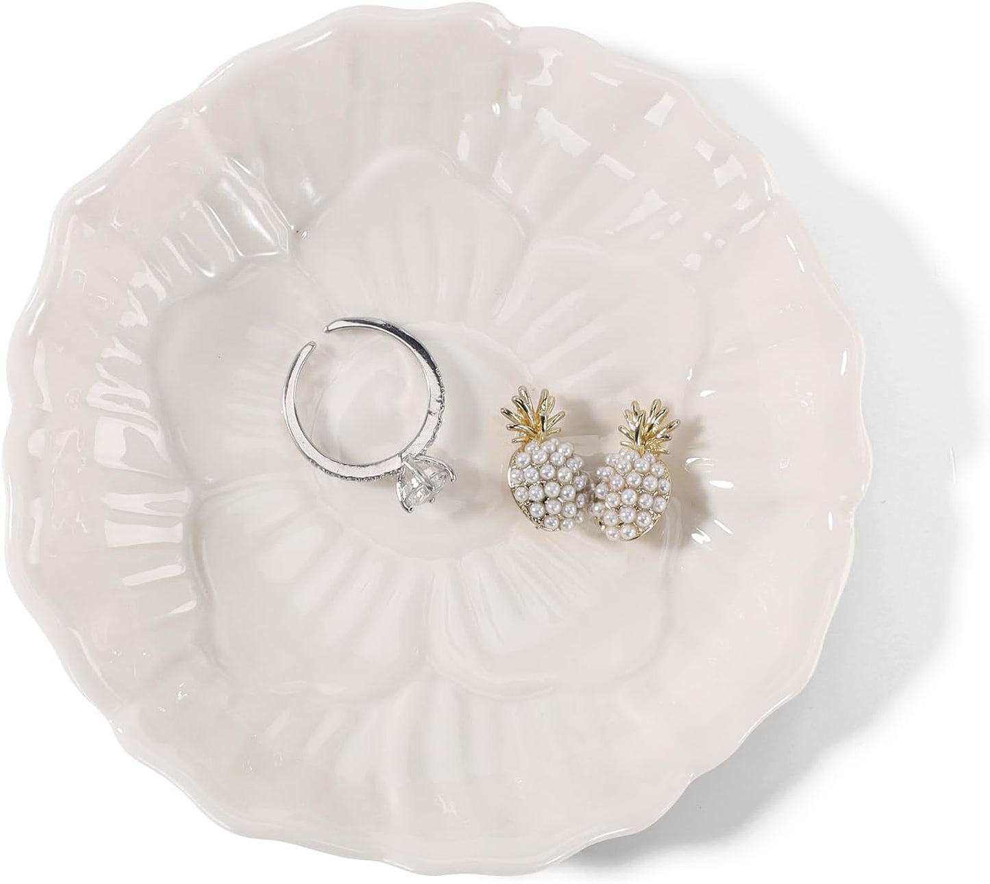 Pink Flower Ring Dish Holder,Jewelry Dish Tray,Small Trinket Tray,Jewelry Plate Bowl,Key Bowl,Decorative Plate,Mothers Day Birthday Gifts for Women Friends,Ceramic Kiln effect White