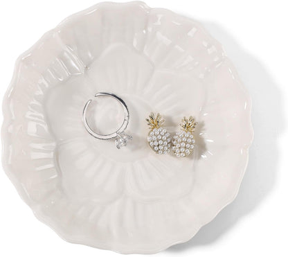 Pink Flower Ring Dish Holder,Jewelry Dish Tray,Small Trinket Tray,Jewelry Plate Bowl,Key Bowl,Decorative Plate,Mothers Day Birthday Gifts for Women Friends,Ceramic Kiln effect White