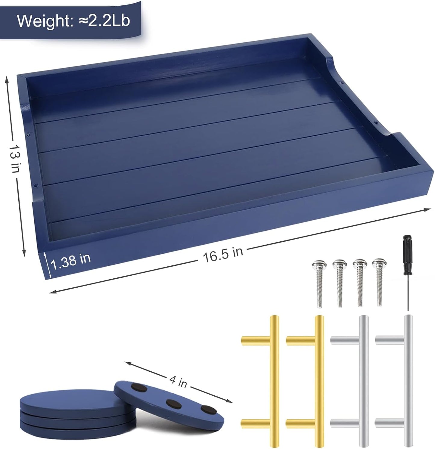 SXNOWS Coffee Table Trays - Large Ottoman Tray for Living Room -Wood Serving Tray with 2 Sets of Handles - Wooden Tray for Coffee Table, 4 Round Coasters Included, Black