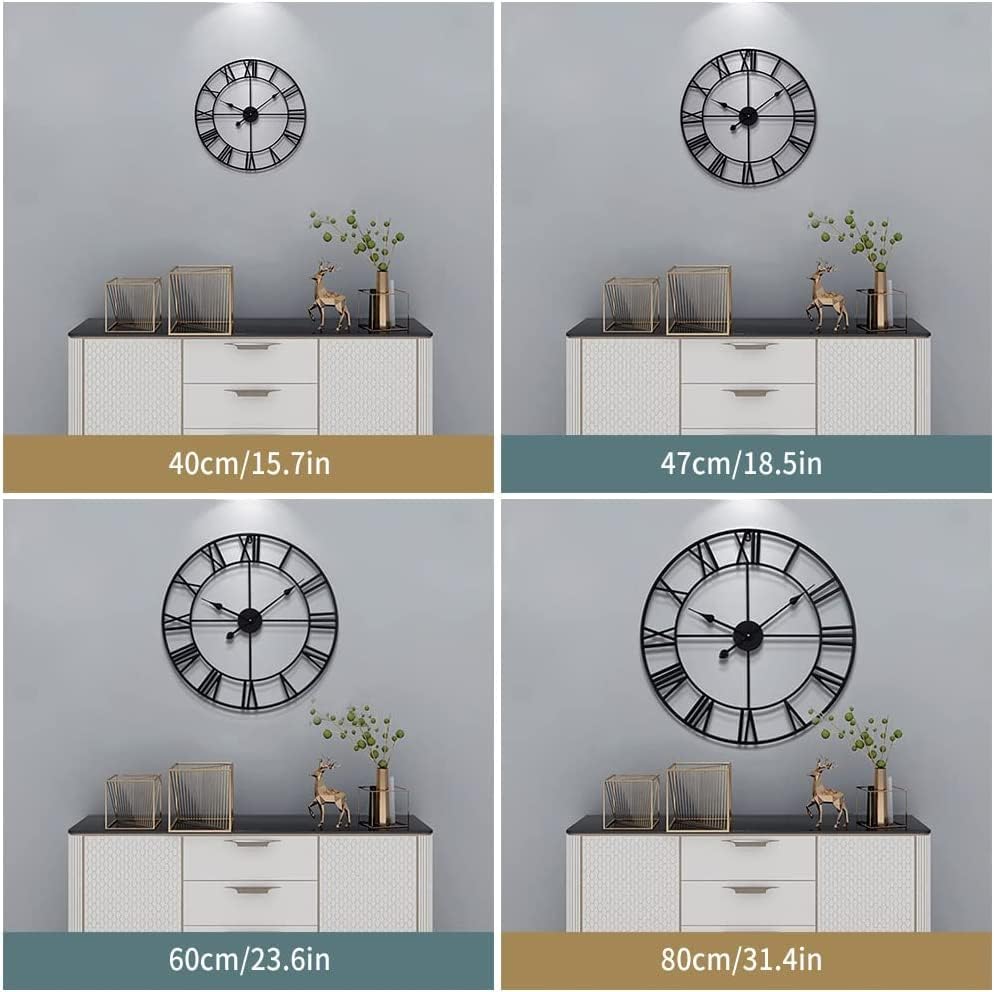LEIKE 16" Large Wall Clocks Battery Operated, Round Modern Silent Non-Ticking Black Metal Wall Clock for Living Room Decor, Bedroom Kitchen (40cm Diameter, Black Roman Number)