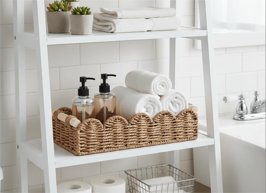 CubesLand Paper Rope Scalloped Edge Toilet Paper Storage Basket, Small Living Room, Bedroom Decor Baskets for Over Toilet Storage Shelf, End Table, Shelves and More, with 2 Wooden Handle, Neutral