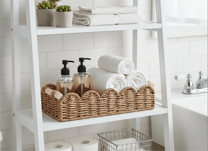 CubesLand Paper Rope Scalloped Edge Toilet Paper Storage Basket, Small Living Room, Bedroom Decor Baskets for Over Toilet Storage Shelf, End Table, Shelves and More, with 2 Wooden Handle, Neutral