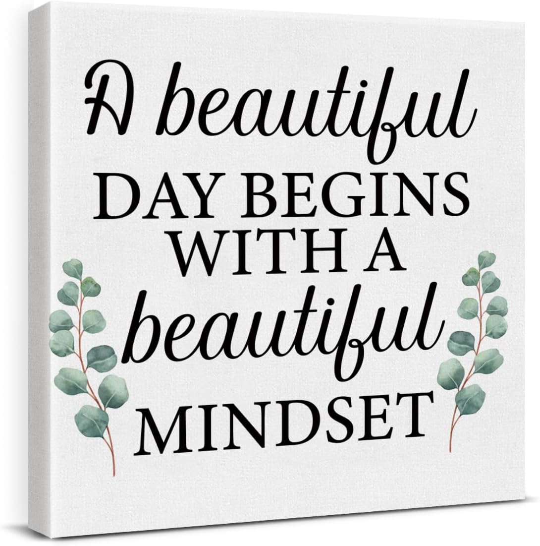 Inspirational Farmhouse Canvas Print Wall Art Decor One Small Positive Thought in the Morning Can Change Your Whole Day Sign Painting Plaque Rustic Home Decoration (8 X 8 Inches, Framed)