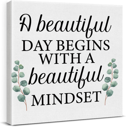 Inspirational Farmhouse Canvas Print Wall Art Decor One Small Positive Thought in the Morning Can Change Your Whole Day Sign Painting Plaque Rustic Home Decoration (8 X 8 Inches, Framed)
