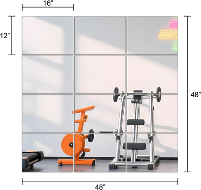 Ruomeng Home Gym Mirrors 12 Inch x 12Pcs Wall Mounted Mirror Glass Frameless Full Length Mirror Tiles for Home Gym, Bedroom, Door & Bathroom
