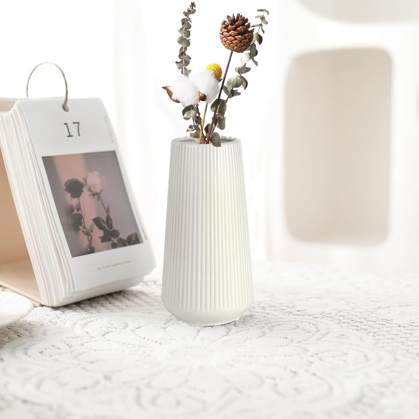 White Ceramic Vase, GUKJOB Small Cute Flower Vase for Pampas Grass, Home, Living Room, Dining Table, Farmhouse, Office Decor, Bedroom, Table, and Kitchen Shelf (White)