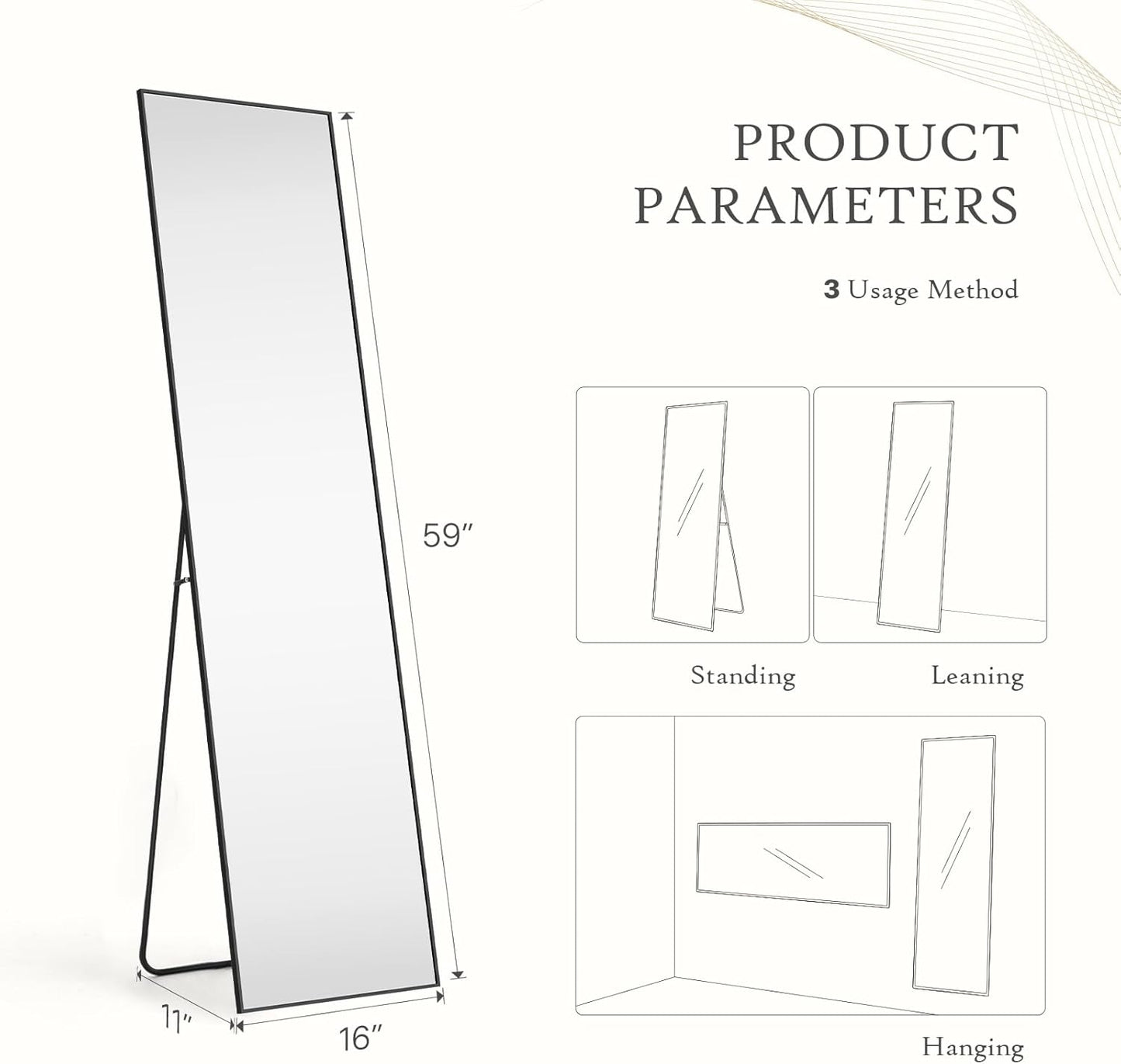 Mirror Full Length, Upgraded Body Wall Mirrors with Shatter-Proof Glass, Floor Standing, Hanging or Leaning, Tall Mirror with Stand Aluminum Alloy Frame for Bedroom