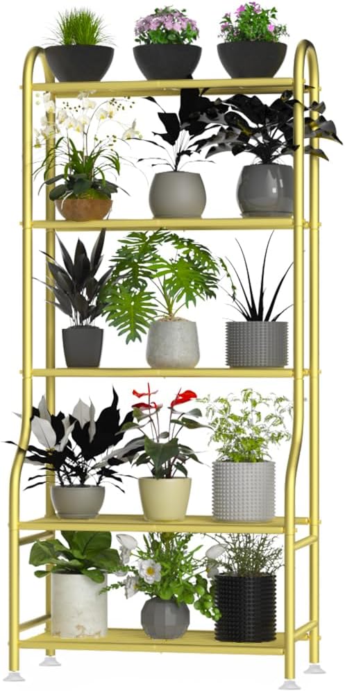5-Tier Metal Plant Stand - Heavy Duty Indoor Outdoor Flower Shelf for Multiple Pots, 65" Tall Vertical Holder with Adjustable Leveling Feet & Wall-Fixing Kits, Black
