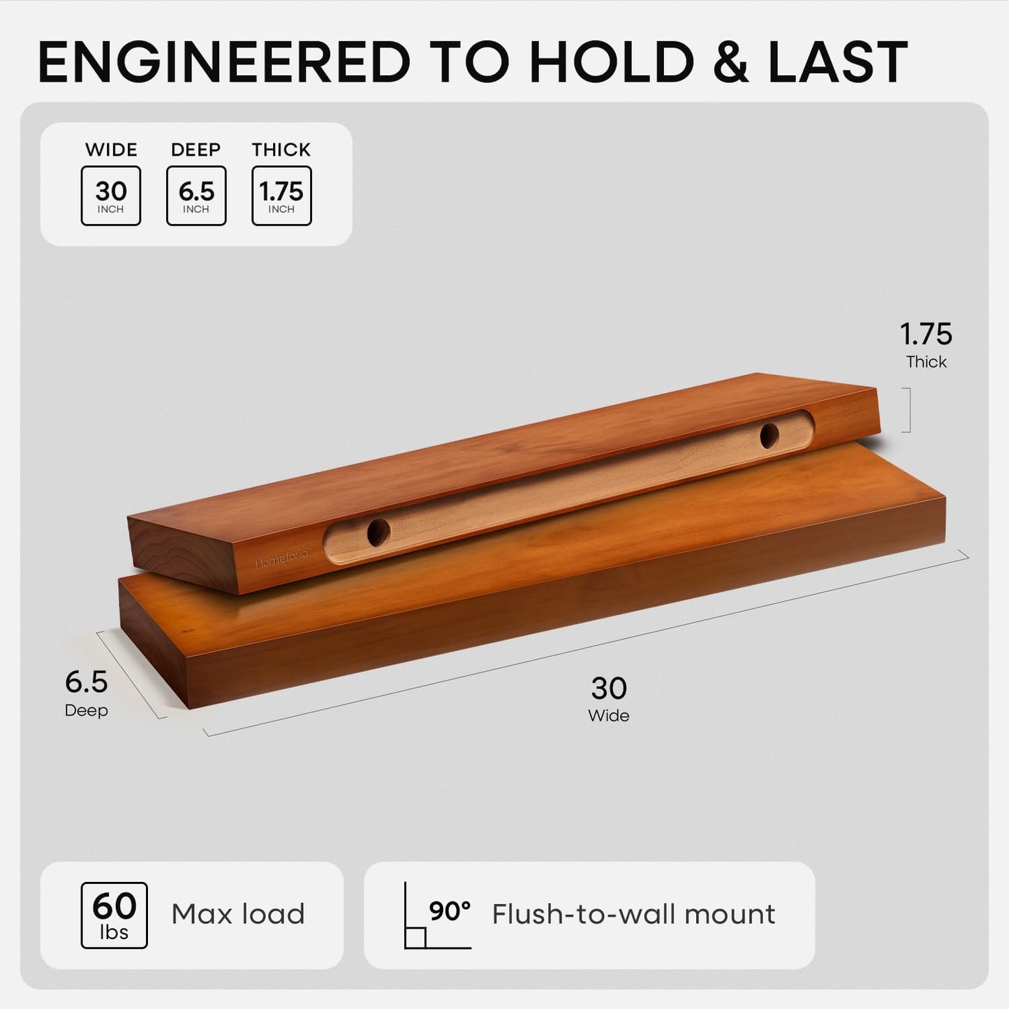 Homeforia 24 inch Natural Floating Shelf, High End Solid Real Wood 24inch Small Floating Shelves for Wall Mounted, Natural Wooden Floating Shelves, Heavy Duty Bracket, 24 X 6.5 X 1.75 in, Set of 2