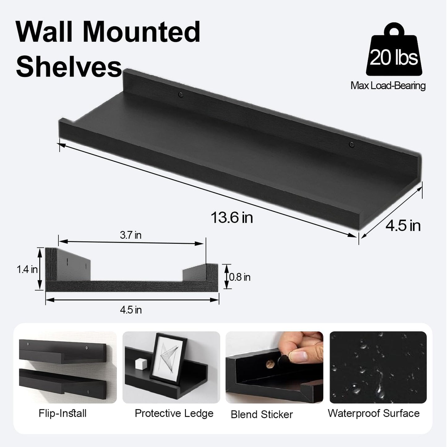 White Floating Shelves for Wall Decor, Wall Mounted Wood Storage Shelf for Bedroom, Living Room, Bathroom, Kitchen, Nursery, Display Picture Ledge Shelf with Lip Set of 2-14 Inches, White